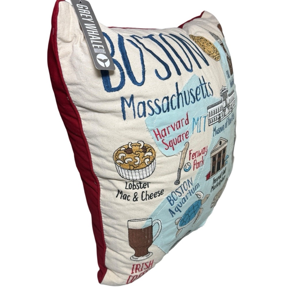 Grey Whale Boston Embroidered Pillow 19" Massachusetts Home Decor NWT - Picture 5 of 10